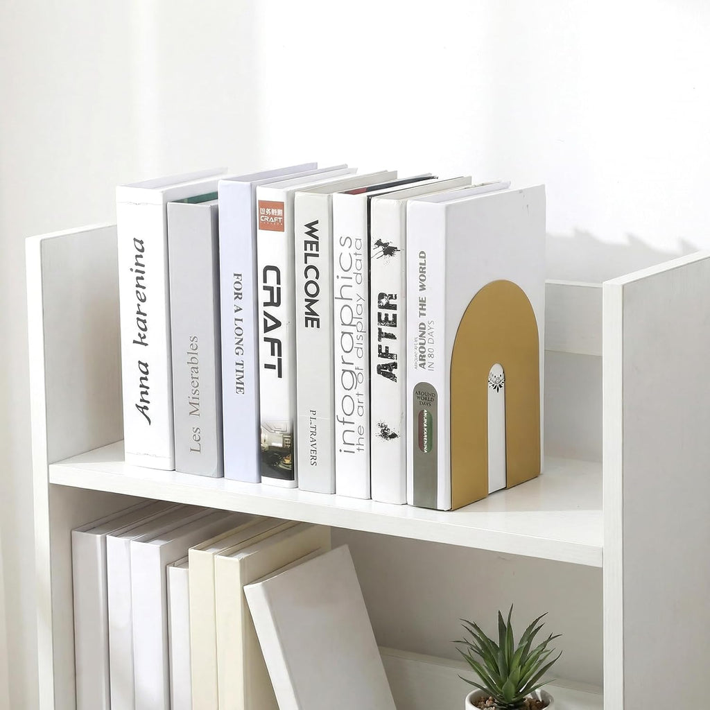 Set of 4 Golden Iron Book Ends for Heavy Books, Decorative Metal Bookends for Office Desk & Home Library, Elegant Book Holders for Shelves, Textbooks, Albums, Magazines (5.1x4.7x6.7 Inches)