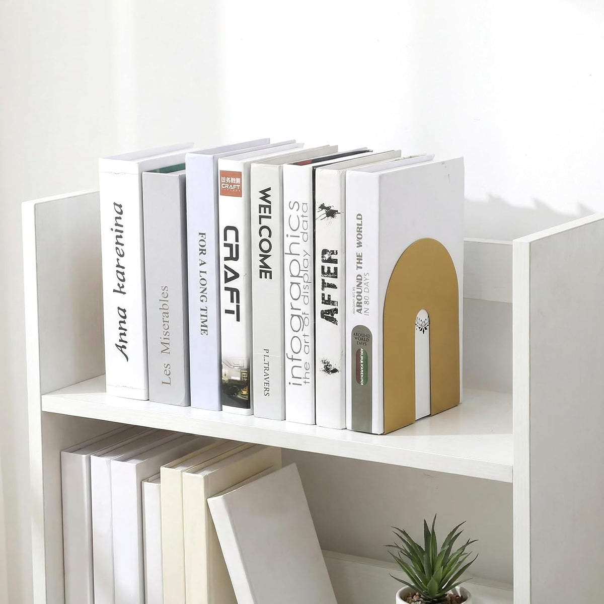 Set of 4 Golden Iron Book Ends for Heavy Books, Decorative Metal Bookends for Office Desk & Home Library, Elegant Book Holders for Shelves, Textbooks, Albums, Magazines (5.1x4.7x6.7 Inches)