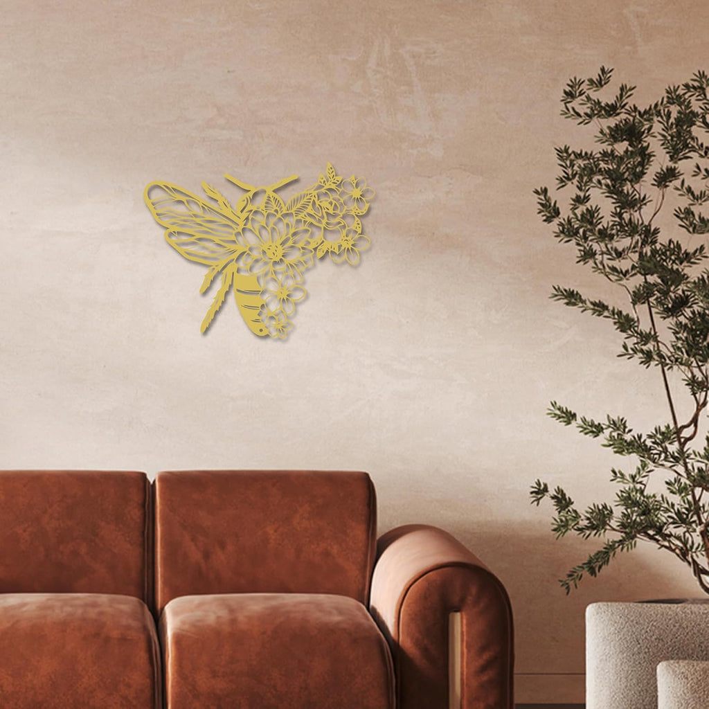 Rajukit Bohemian Bee Flower Metal Wall Art Gold for Living Room