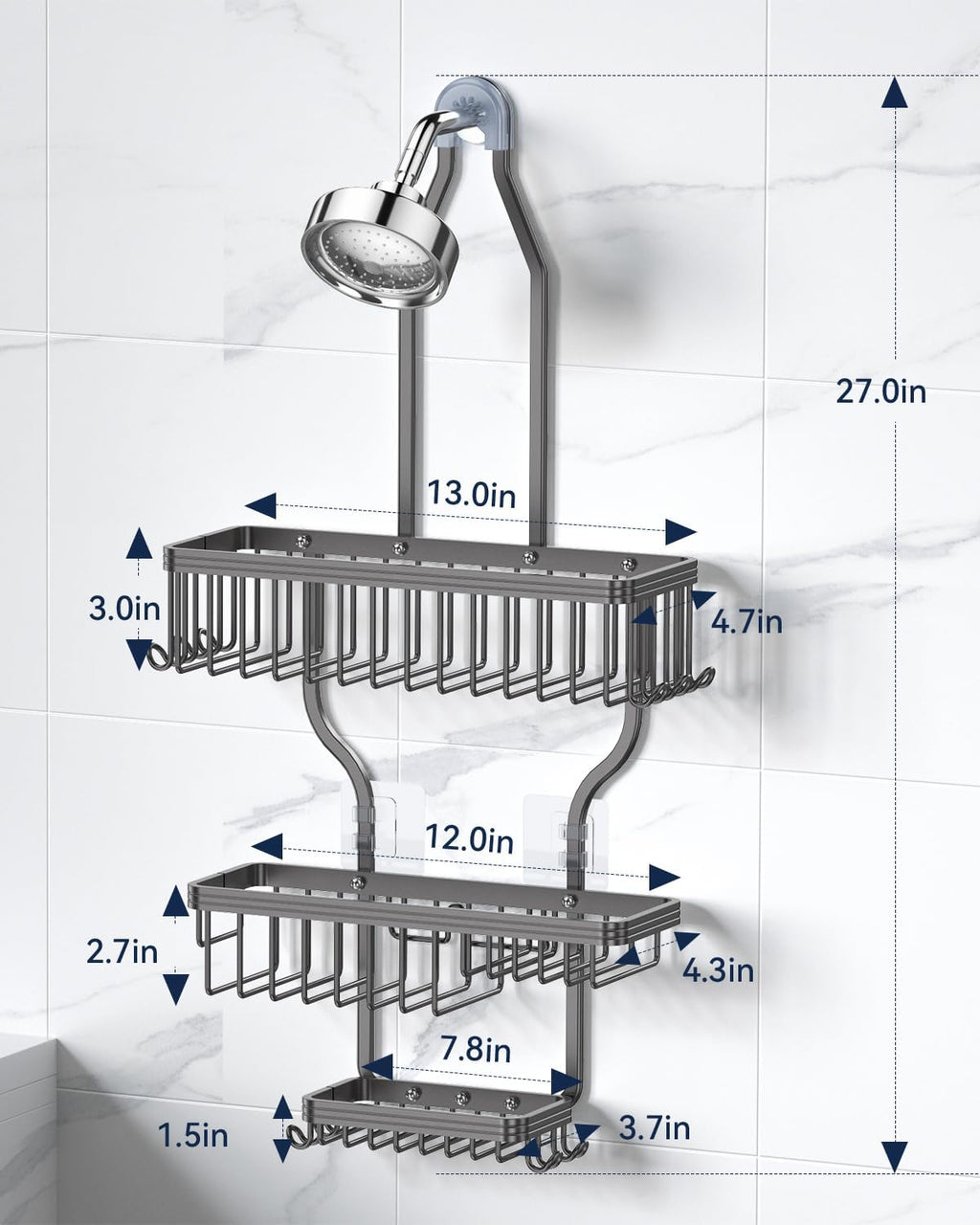 YASONIC Never Rust Shower Caddy Hanging, Aluminum Shower Racks for Inside Shower, 3-Tier Shower Organizer Hanging Over Shower Head with Hooks and Soap Holder, Grey