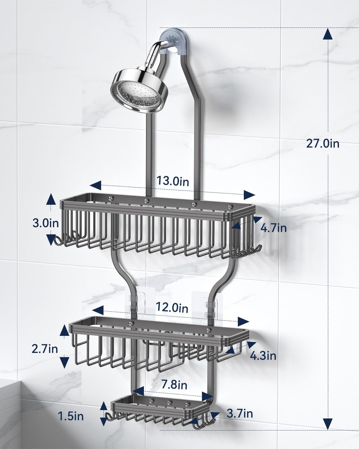 YASONIC Never Rust Shower Caddy Hanging, Aluminum Shower Racks for Inside Shower, 3-Tier Shower Organizer Hanging Over Shower Head with Hooks and Soap Holder, Grey
