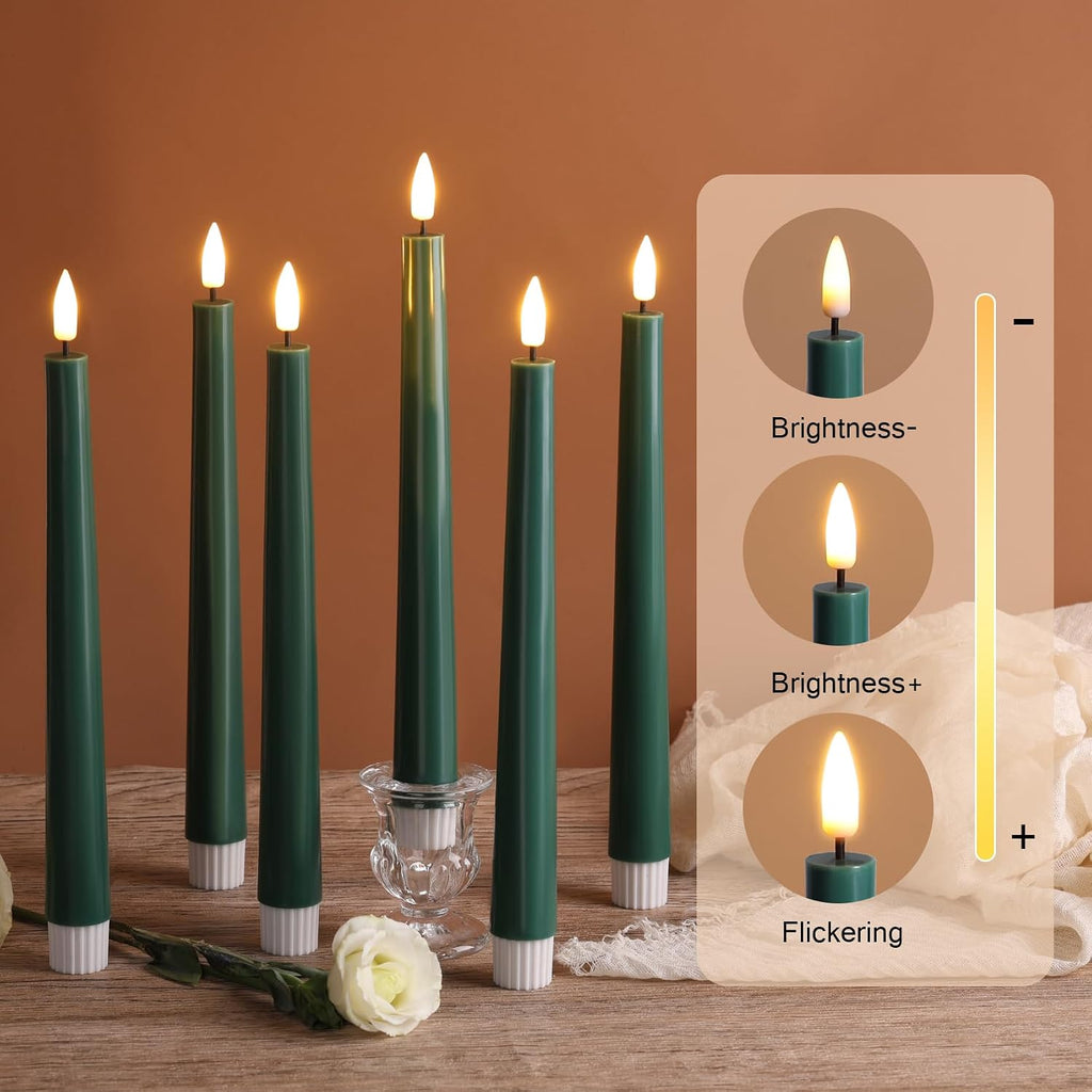 Eywamage Real Wax Green Flameless Taper Candles with Remote Set of 6