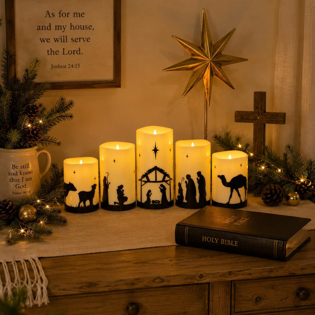 Nativity Scene Flameless Candles, Christian Gifts Advent Christmas Decor