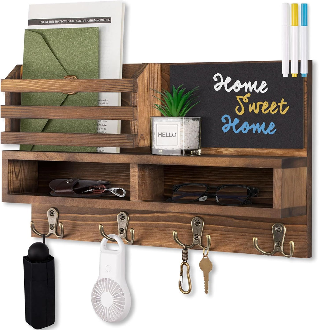 Key Holder for Wall, Wall Mounted Mail Holder Wooden with Shelf & 3 Liquid Chalks & Chalkboard, Mail Sorter Organizer, Rustic Home Decor (15.98”W x 9.1”H x 3.3”D), Burnt Brown