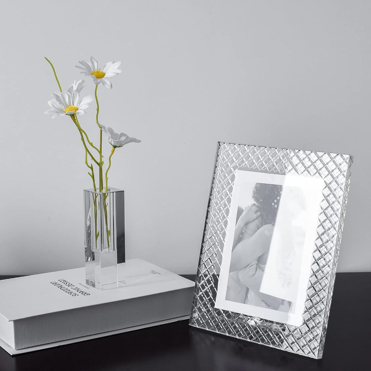 kitCom 5x7Inch Crystal Wedding Frame of Keepsake Photo Frames, Crystal Picture Frames with Embossed Design, Tabletop Display Decor Frame(Fit 5x7 Max Photos), Clear with Gift Box