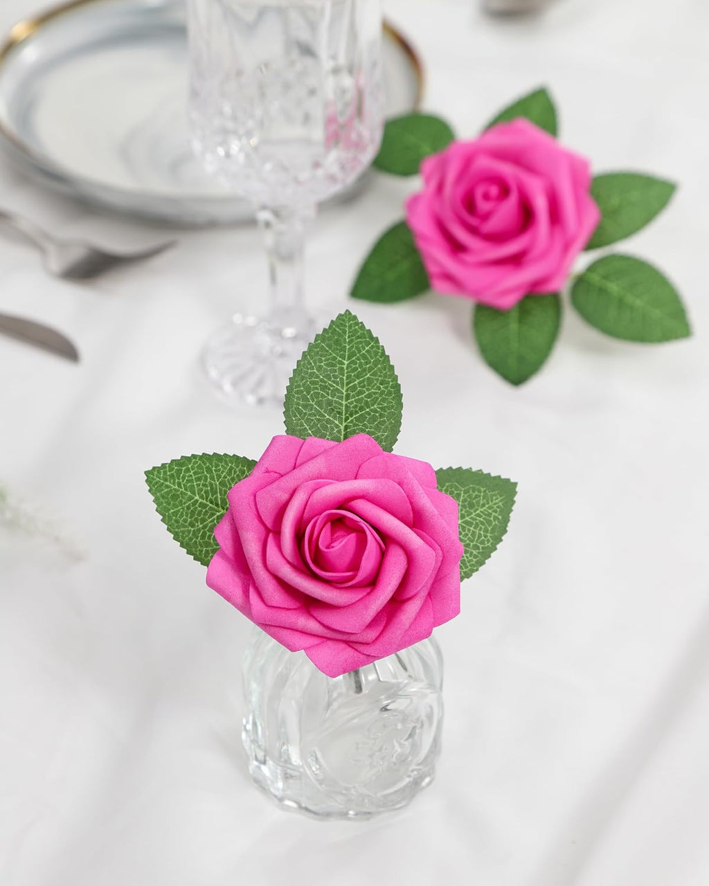 DuHouse 25Pcs Artificial Flowers Foam Roses Real Touch with Stems(Hot Pink)
