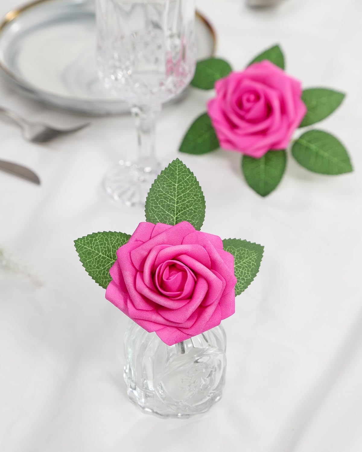 DuHouse 25Pcs Artificial Flowers Foam Roses Real Touch with Stems(Hot Pink)