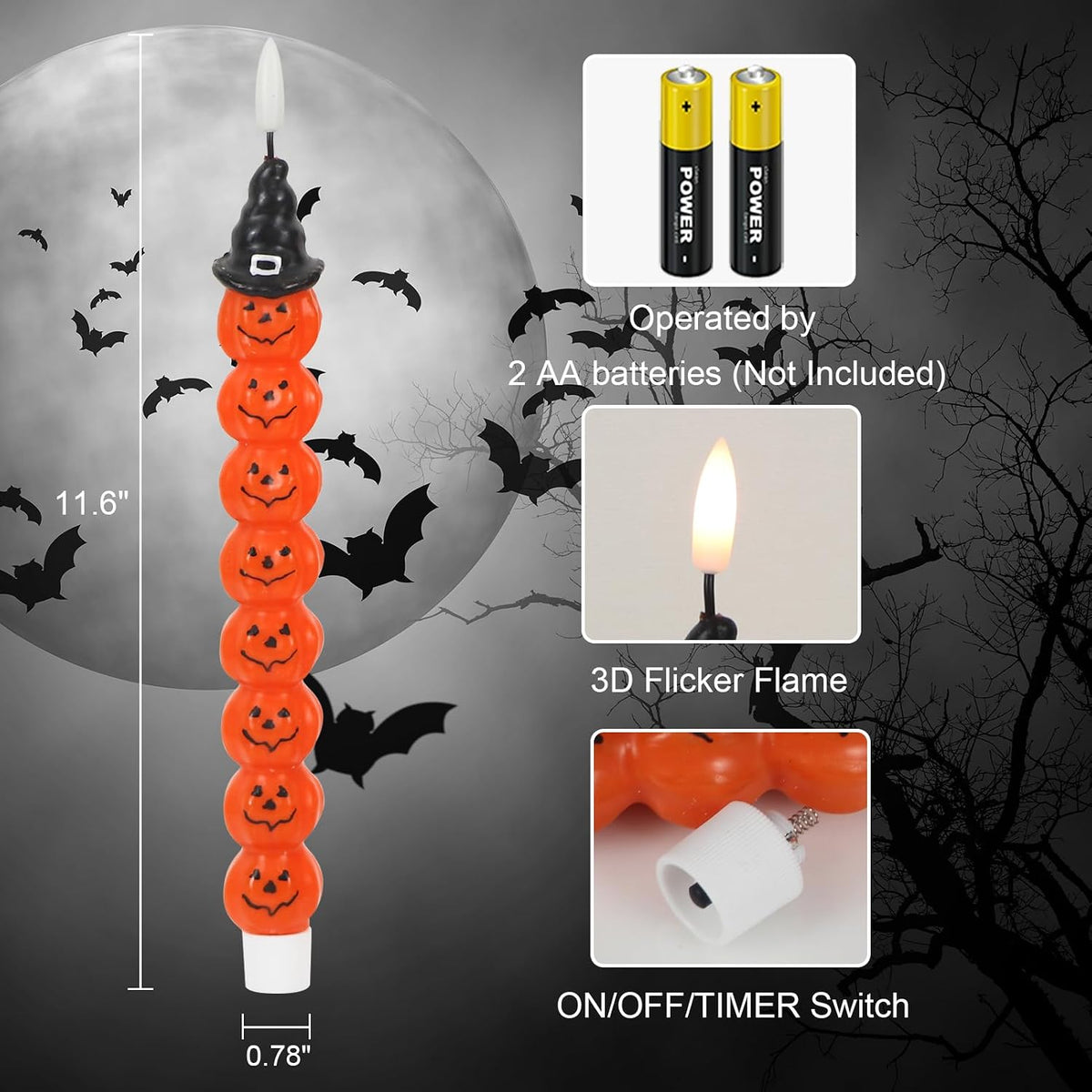 Halloween Pumpkins Flameless Taper Candles with 6H Timer