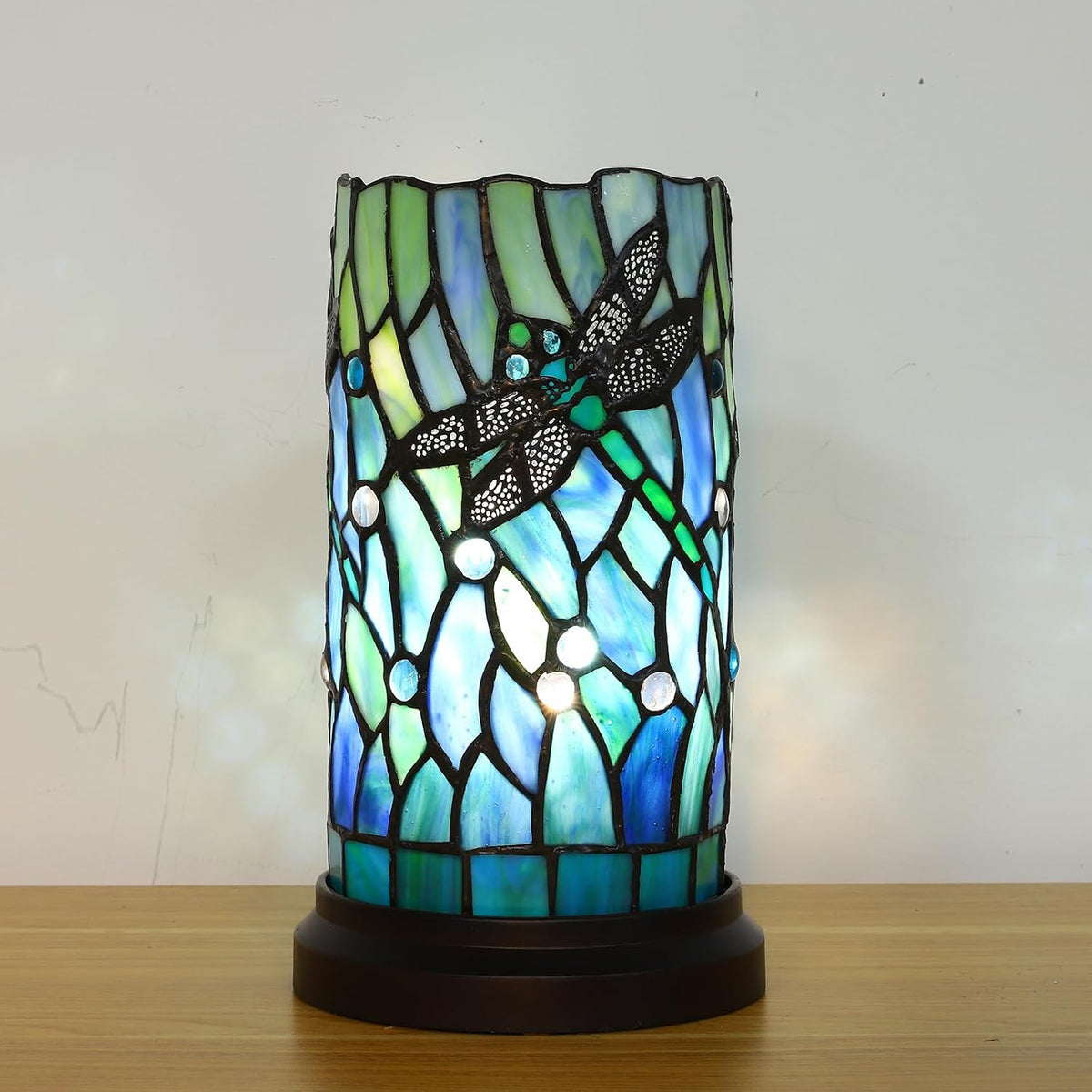 Tiffany Style Table Lamp for Bedroom Baroque Stained Glass Nightstand Bedside Night Lamp Party Light Hand-Made Art Home Deco Christmas Gifts W/ 2 LED Bulbs (3 Color Temperatures+Flame Bulb)