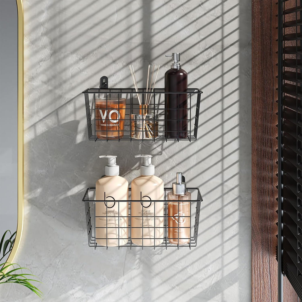 MaraFansie Hanging Kitchen Baskets Wire Storage Basket Adhesive and Screws Basket Over the Cabinet Door Organizer with Adhesive Strips and Screws Accessories, 2 Installations, 2 Pack