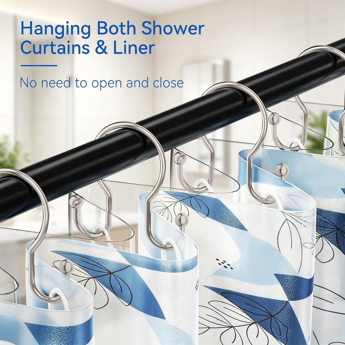 OEH Shower Curtain Hooks, 12 Pcs Minimalist Shower Curtain Rings, Metal Shower Curtain Hangers, Double Hook Shower Curtain Hooks Rust Proof, Glide Smoothly Shower Hooks for Shower Curtain Rod, Nickel