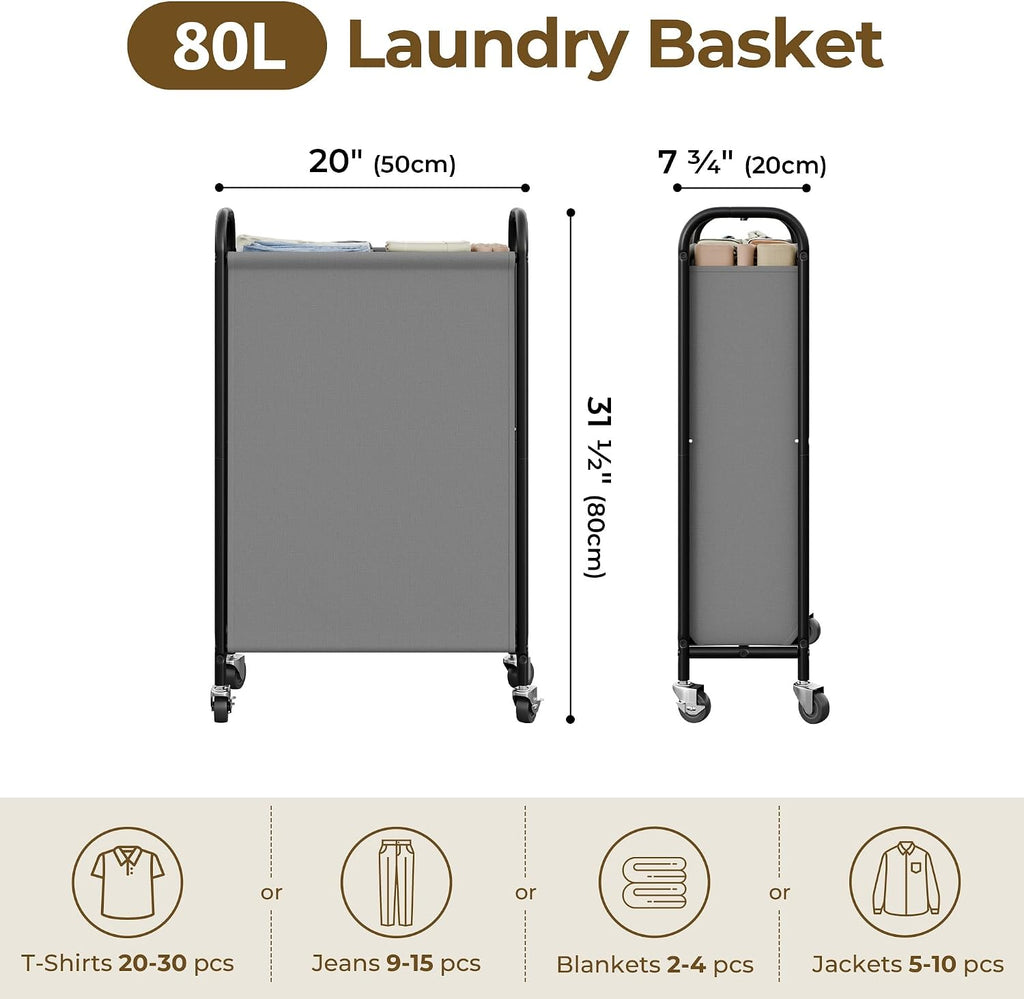 GRANNY SAYS Laundry Hamper, Slim Basket with Wheels and Handles, Grey, 80L