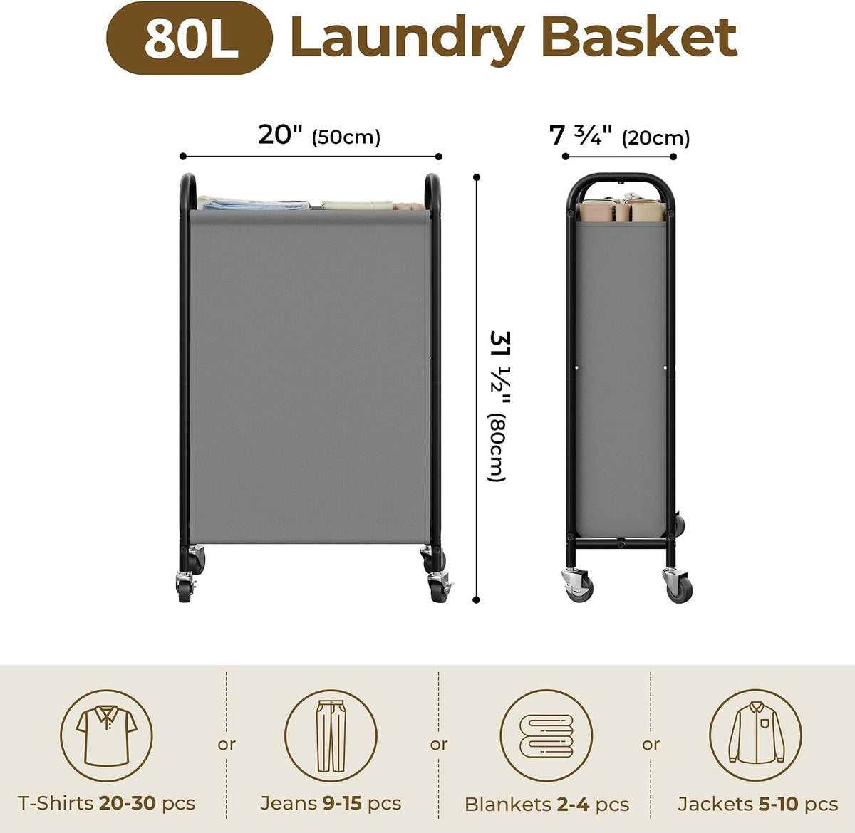 GRANNY SAYS Laundry Hamper, Slim Basket with Wheels and Handles, Grey, 80L