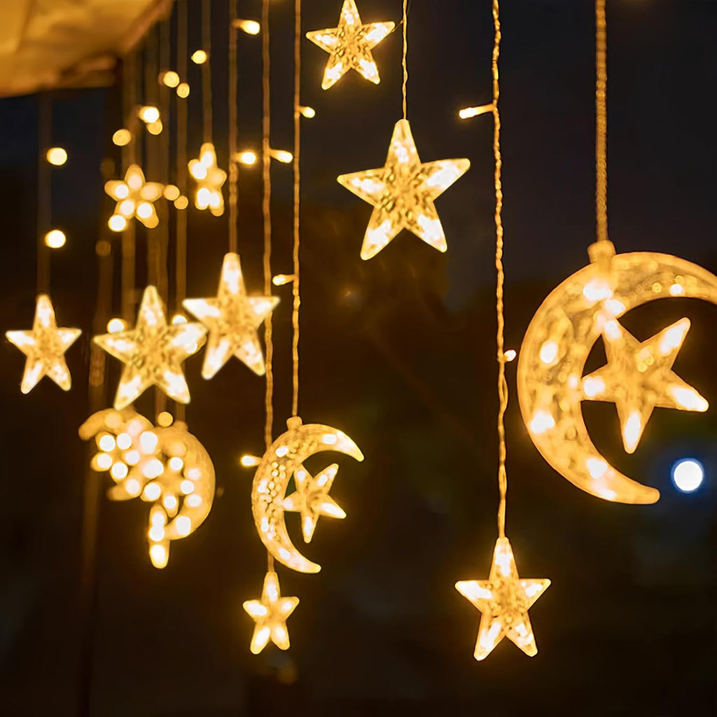 Moon and Stars Decor Curtain Lights, 11.5ft String Lights for Bedroom, Christmas, Ramadan Decor, Indoor LED Fairy Twinkle Light, Battery Operated or USB Plug-in (Yellow)