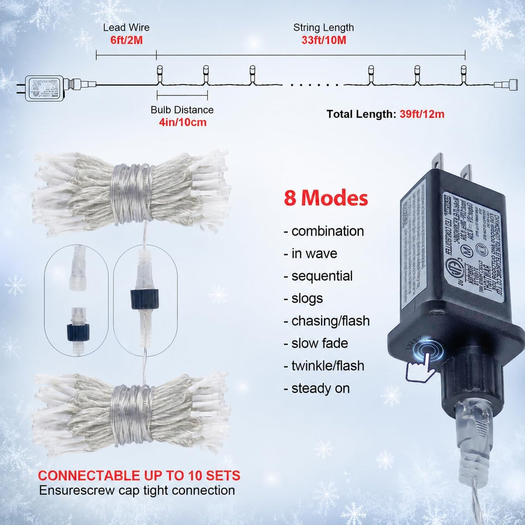 Hopolon 100 LED White Christmas String Lights, 33 FT Extendable
