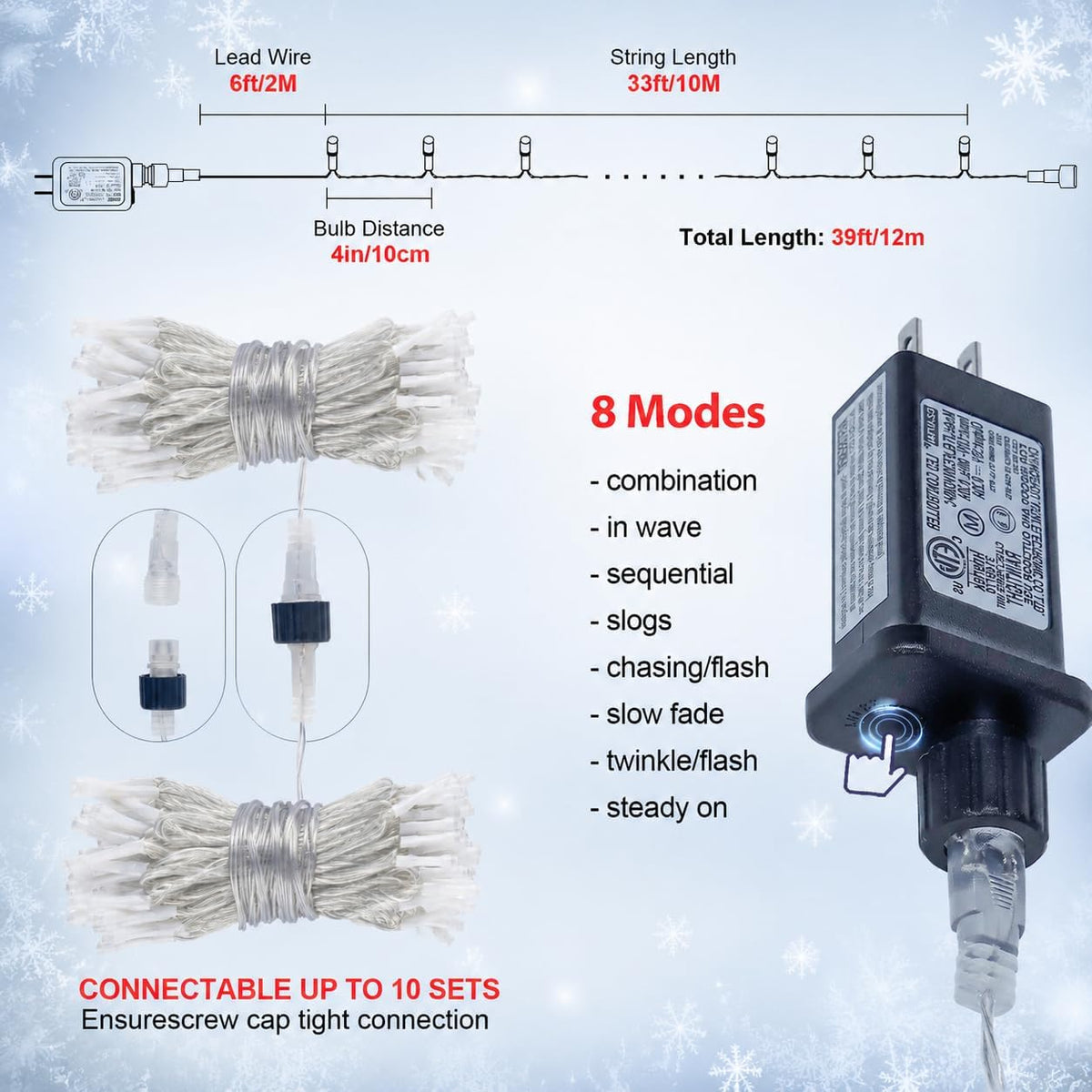 Hopolon 100 LED White Christmas String Lights, 33 FT Extendable