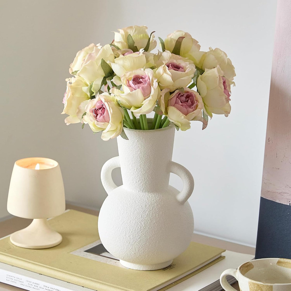 7 Inch White Ceramic Vase with 2 Handles, Modern Flower Vase Decorative Vases for Bouquet, Unique Vases for Home Decor Farmhouse Living Room Table Centerpieces Wedding Decorations