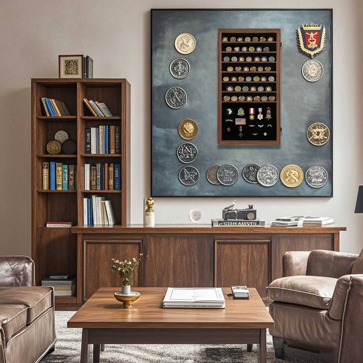 Oversized Military Challenge Coin Display case for Badges & Ribbons Walnut