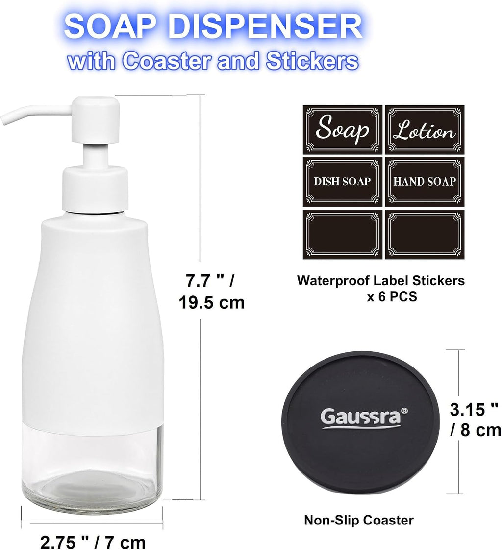 Gaussra White Soap Dispenser with Coaster and Stickers - 11 OZ / 320 ML