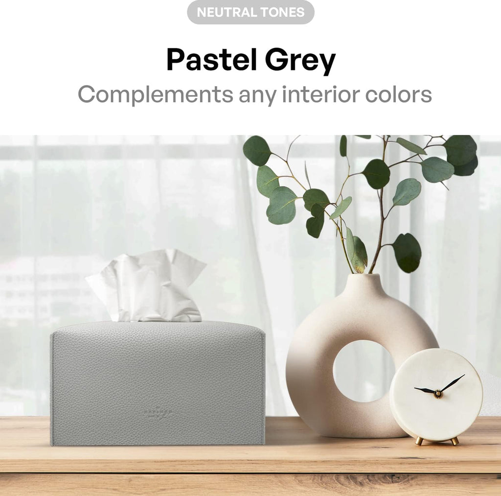 Carrotez Tissue Box Cover, [Refined] Modern PU Leather Rectangular Tissue Box Holder - Decorative Holder/Organizer for Bathroom Vanity Countertop, Night Stands, Office Desk 9.5"X5"X5" - Pastel Grey