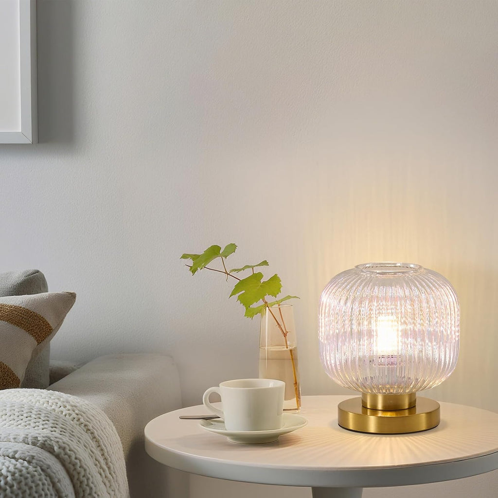 Colorful Glass Table Lamp,Vintage Gold Base Ribbed Bedside Lamp