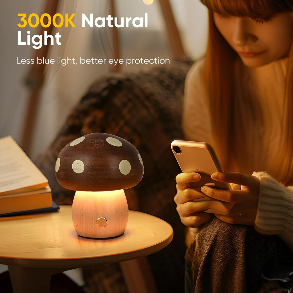 Wood Mushroom Lamp, Rechargeable Small Bedside Lamp for Nursery Bedroom