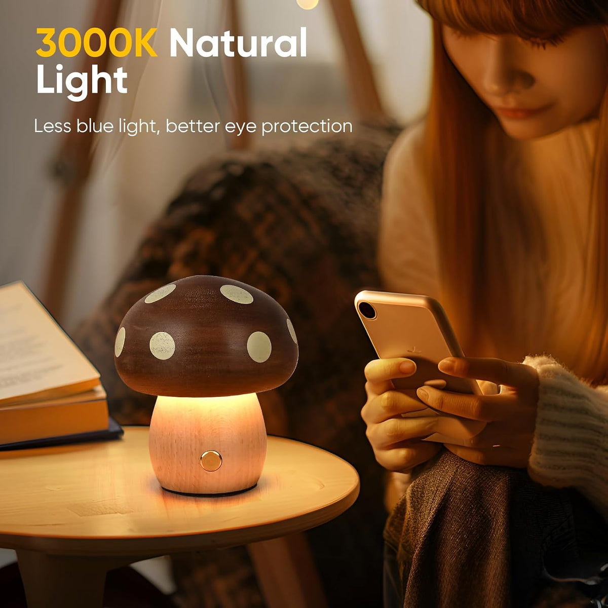 Wood Mushroom Lamp, Rechargeable Small Bedside Lamp for Nursery Bedroom