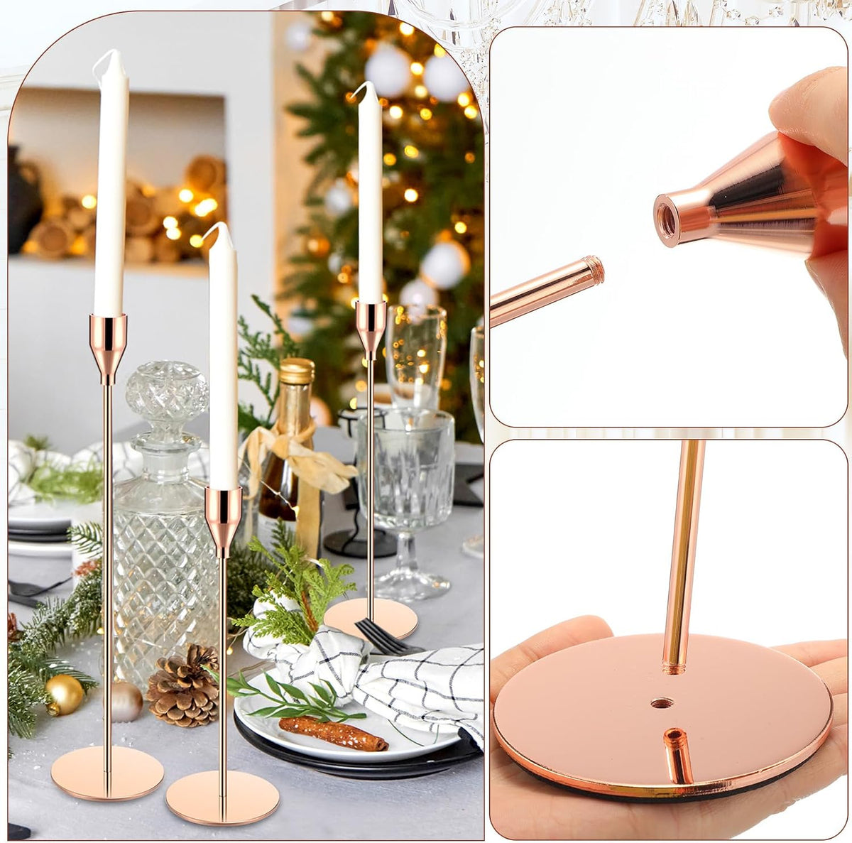 18 Pcs Rose Gold Tall Taper Candle Holders, 3 Sizes, Fits 3/4" Candles
