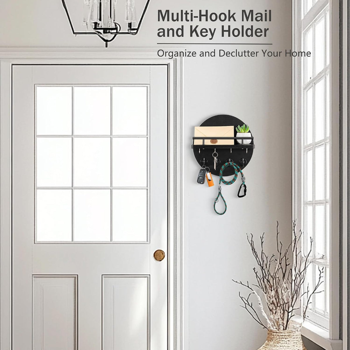 10.2" Key Holder Wall Mount with Shelf & Mail Organizer, 8 Hooks Black