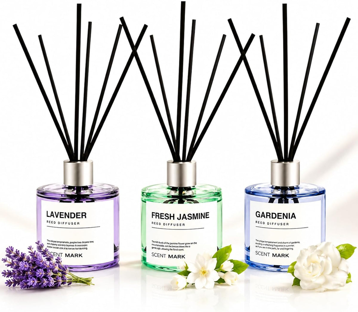 Reed Diffuser Set of 3 Pack,50ML Lavender Jasmine Gardenia Scented Oil Diffuser with 5 Sticks,Home Fragrance Reed Diffuser for Bedroom Bathroom Office (Lavender/Jasmine/Gardenia)