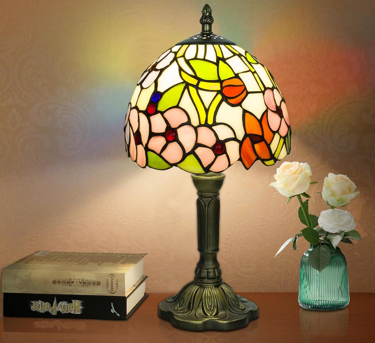 Small Tiffany Style Stained Glass Table Lamp, 8 Inch, Flower Pattern