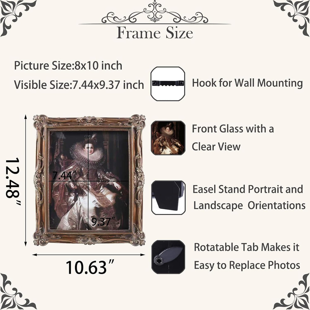 8x10 Vintage Picture Frames Ornate Bronze Antique Picture Frames 8x10 photo frame with Front Glass for Wall Hanging and Tabletop Unique Home Decor Wall Decor Living Room Victorian Style