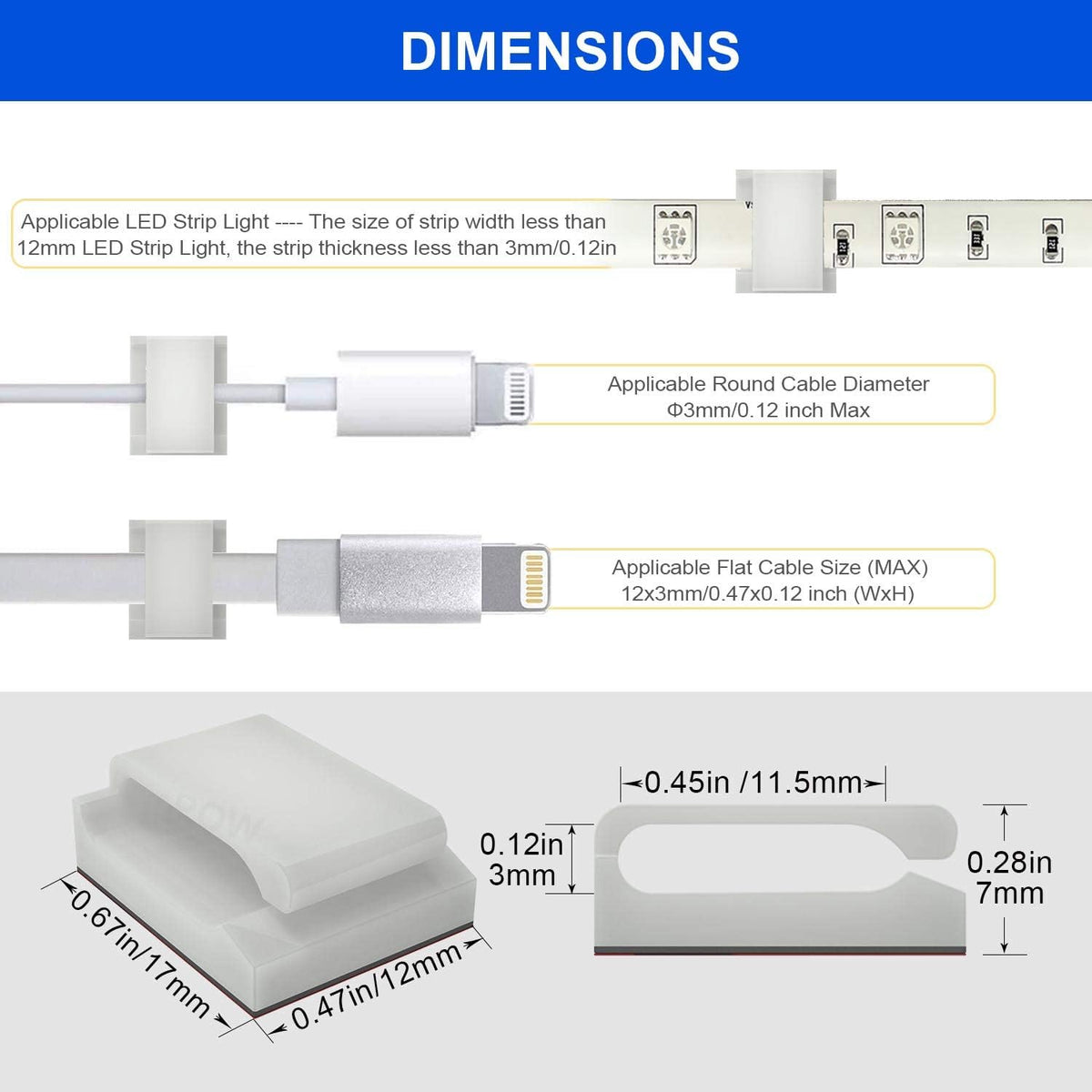 Self-Adhesive Mounting Bracket Clip,ProPOW Strip Light Cable Holder Clips,Wire Organizer Cord Hook Holders Accessories(White,100pcs)