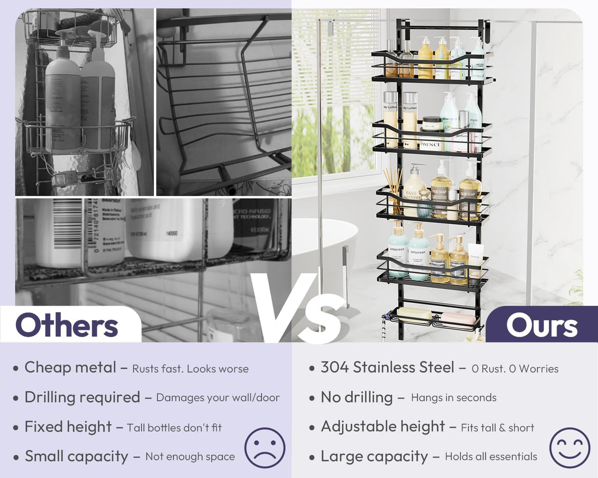 SWTYMIKI Over the Door Shower Caddy - 5 Tier Adjustable Shower Organizer Hanging with Soap Holder, No Drilling Stainless Steel Bathroom Rack Hanging for Body Wash, Shampoo, Soap, Razor, Black