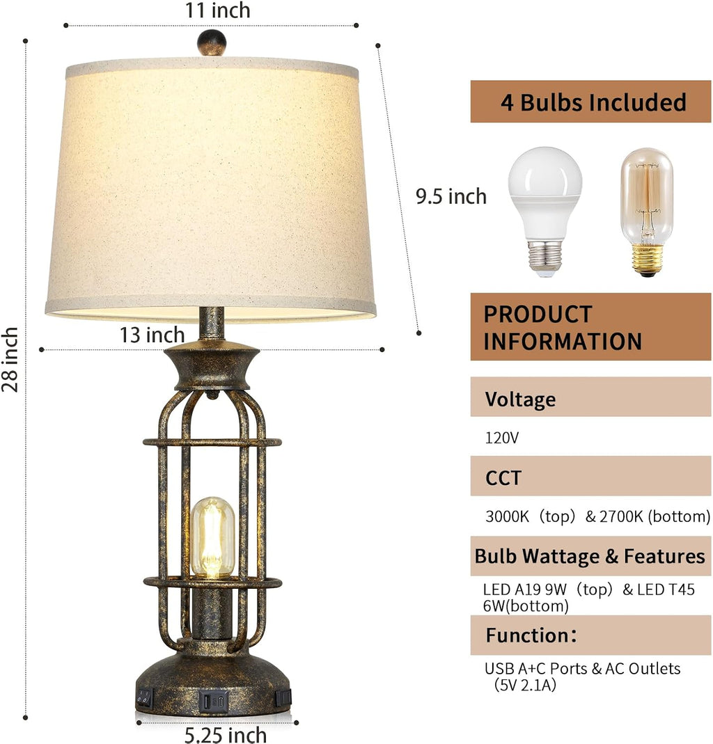 28" Tall Farmhouse Table Lamp with USB C+A Charging Ports & AC Outlet, Rustic Industrial Bedside Lamp for Living Room, Vintage Nightstand Lamp for Bedroom End Table Bronze Single, 2 Bulbs Included