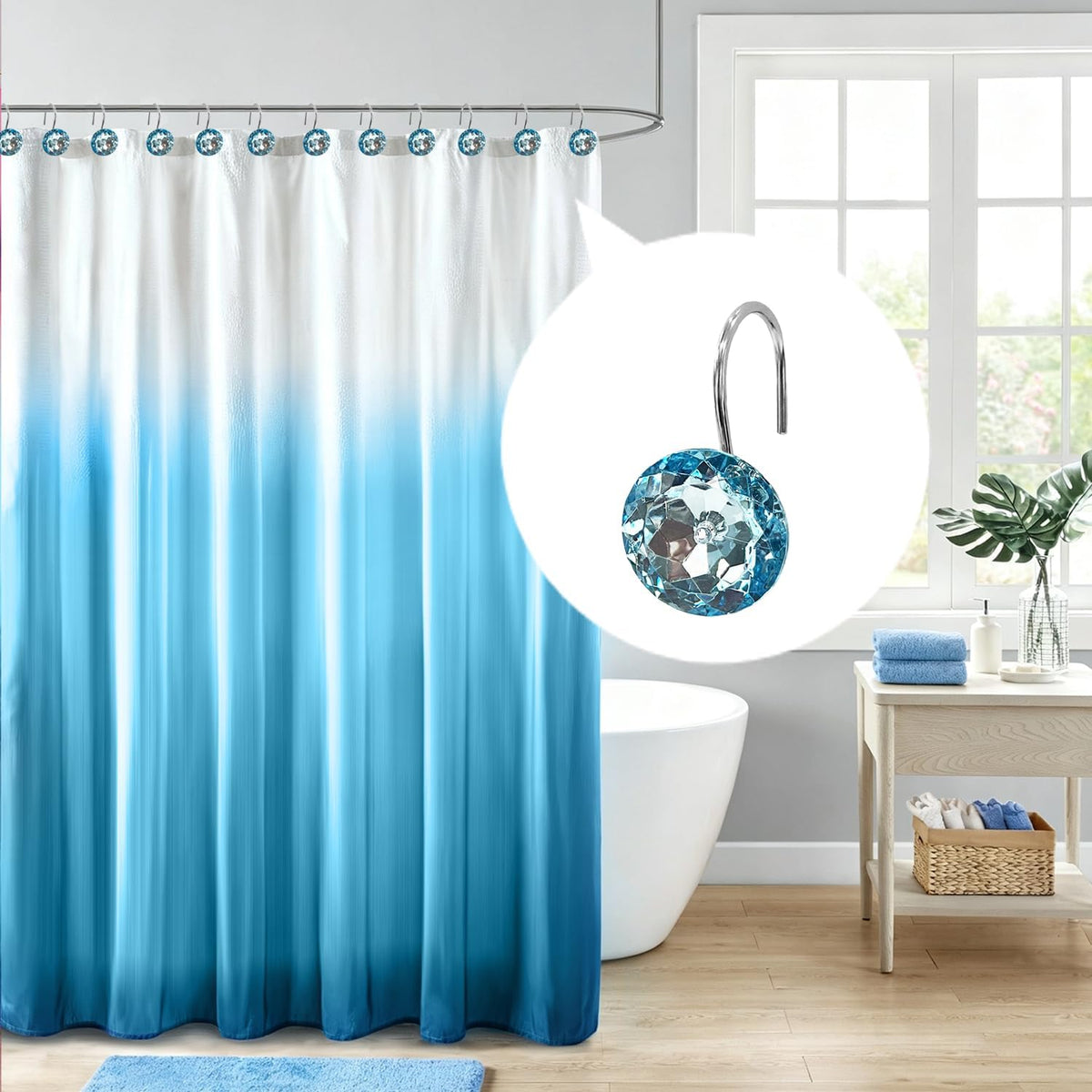 Blue Diamond Crystal Bling Shower Curtain Hooks Rings for Bathroom,12PCS