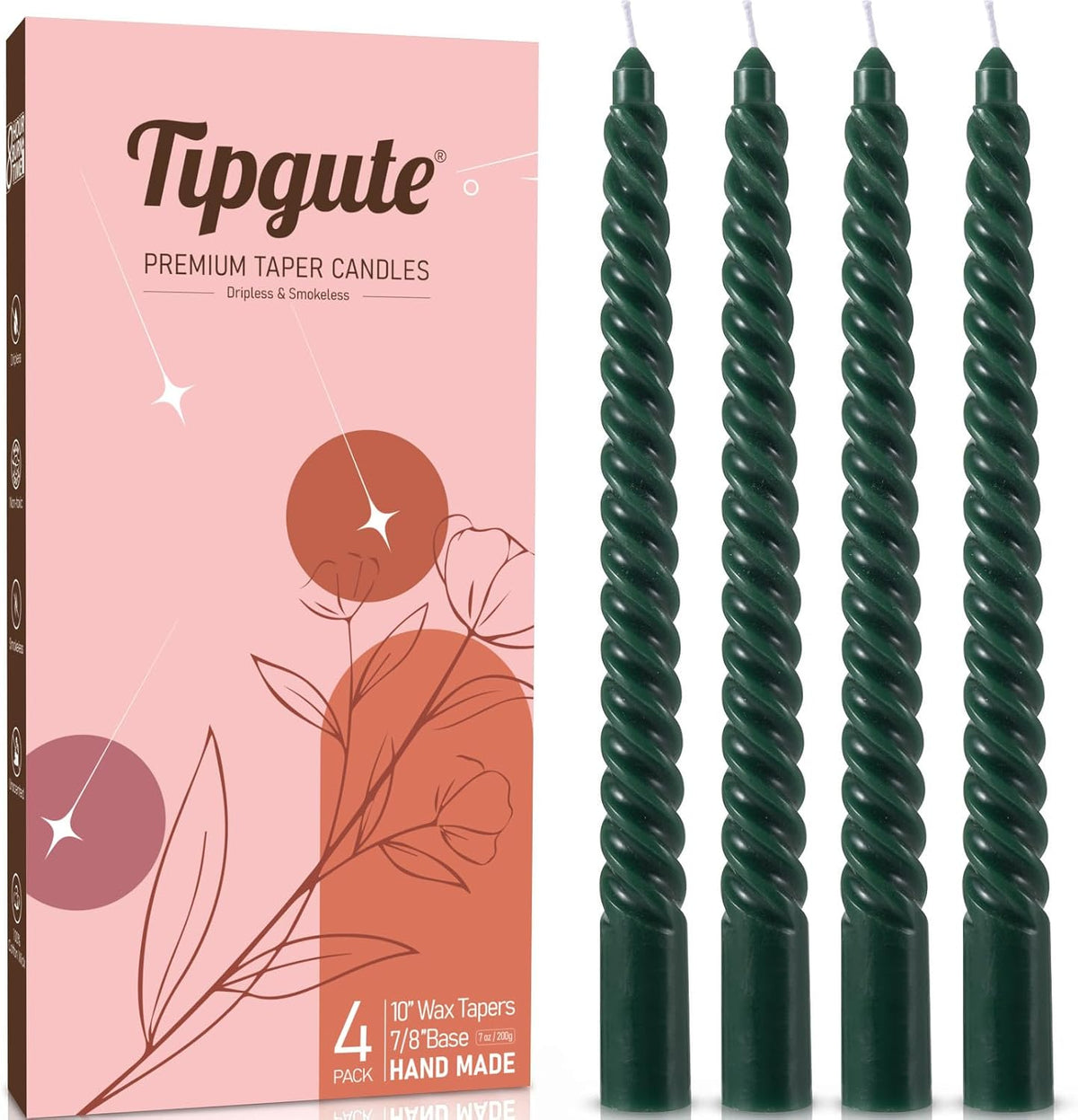 Hunter Green Spiral Taper Candles 4 Pack 7/8 X 10 Inch Smokeless Unscented Long Tall Twisted Candle Sticks for Christmas Holiday Home Decor Dinner Table Party Wedding Candlesticks