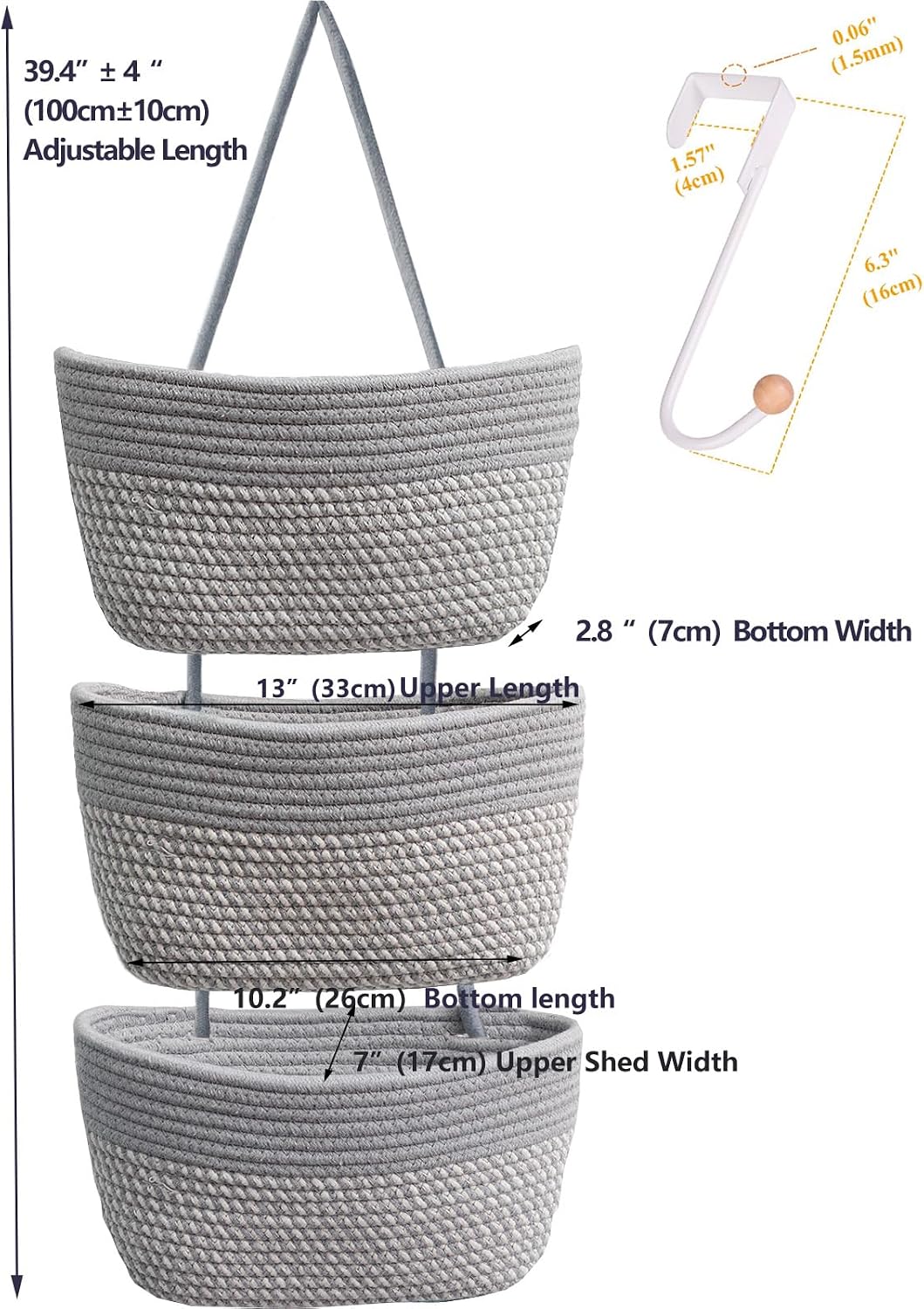 Over the Door Hanging Basket for Organizing 3 Tiers Woven Cotton Rope Wall Mount Storage basket Decorative Kitchen Hanging Organizer Bathroom include 1 door hook GrayStripe