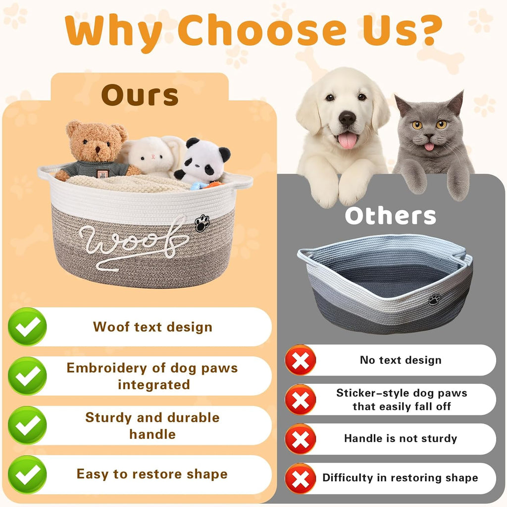 Woof Dog Toy Basket with Handles, Large Dog Toy Storage Bin with Paw Print, Woven Dog Basket for Blankets, Toys, Chews, Pet Toy Box for Nursery, Living Room, Bedroom, 20”x14”x9, Brown