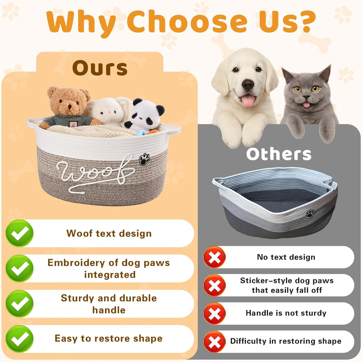 Woof Dog Toy Basket with Handles, Large Dog Toy Storage Bin with Paw Print, Woven Dog Basket for Blankets, Toys, Chews, Pet Toy Box for Nursery, Living Room, Bedroom, 20”x14”x9, Brown
