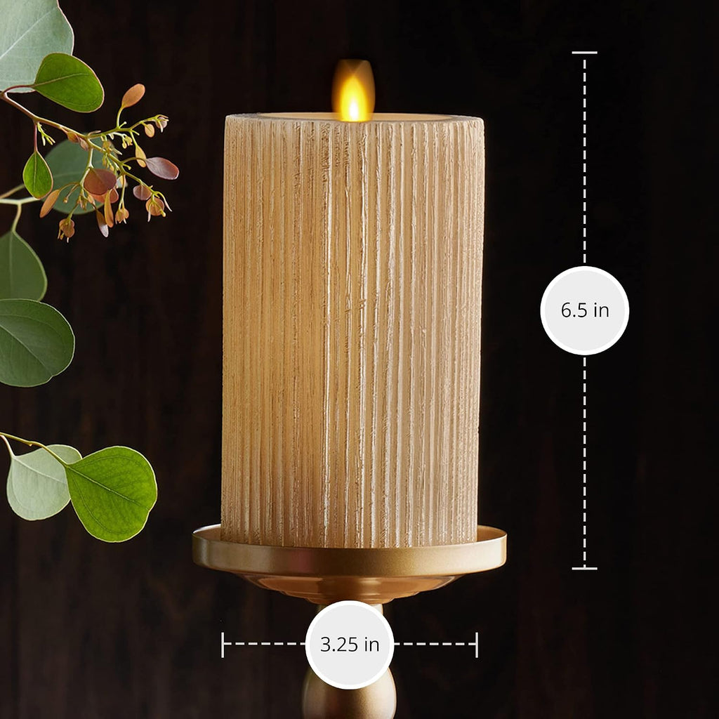 Luminara - Flameless Flickering Real Wax Moving Flame Battery Operated Unscented Candle LED Décor & Gift- Embossed Pillar Collection - Everyday Metallic Furrow, Champagne (3.25" x 6.5")