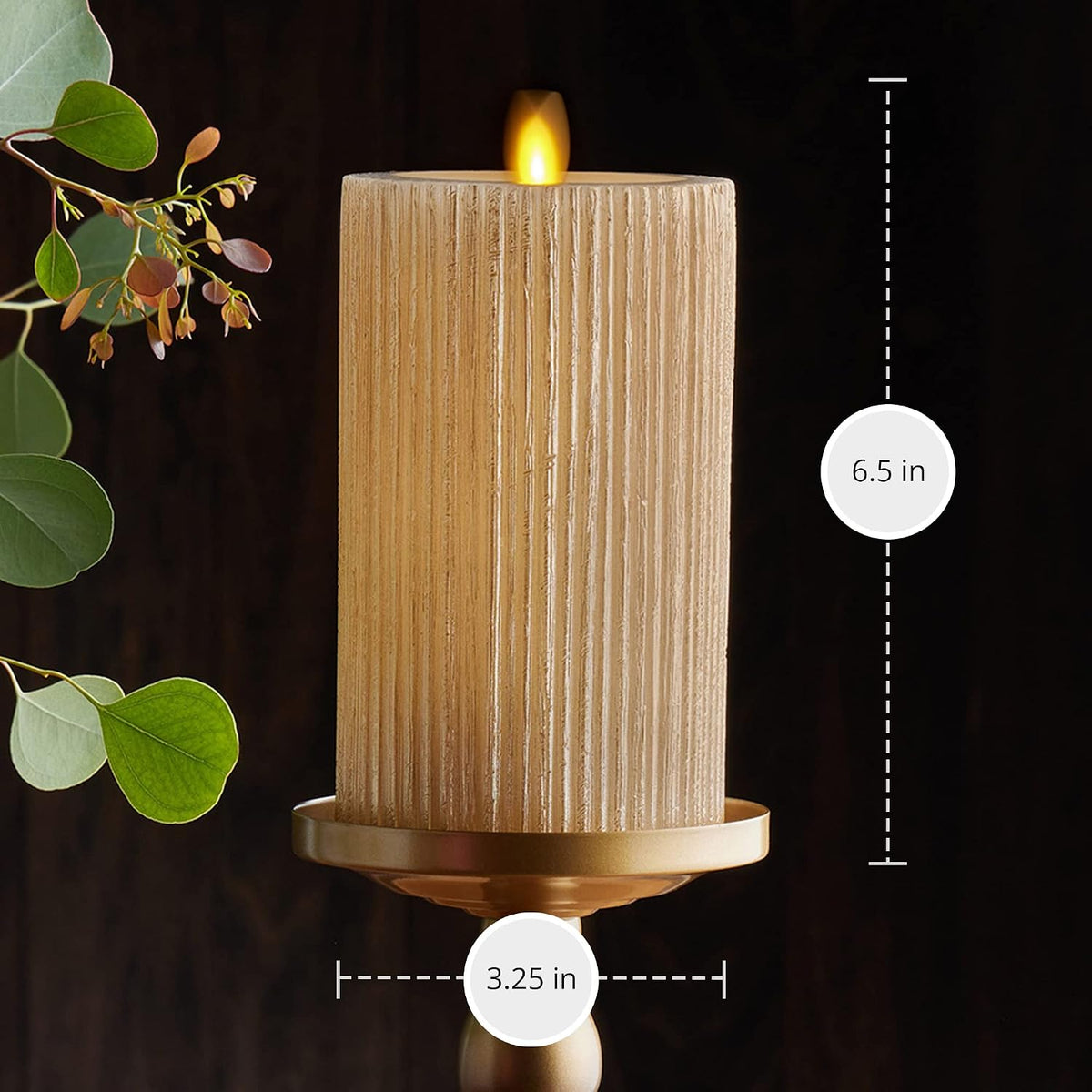 Luminara - Flameless Flickering Real Wax Moving Flame Battery Operated Unscented Candle LED Décor & Gift- Embossed Pillar Collection - Everyday Metallic Furrow, Champagne (3.25" x 6.5")