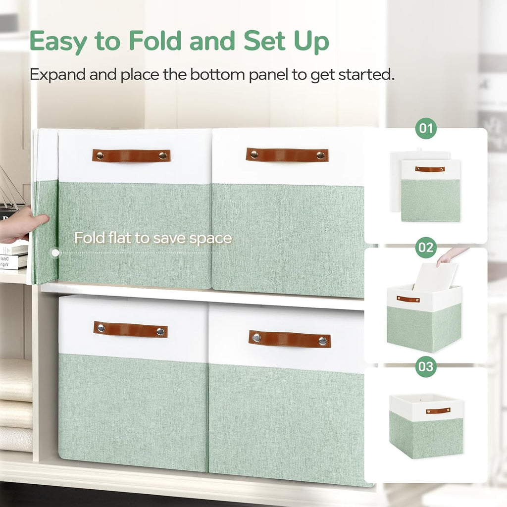 Patvingot 13-Inch Linen Storage Cubes with Labels and PU Handles,4 Pack