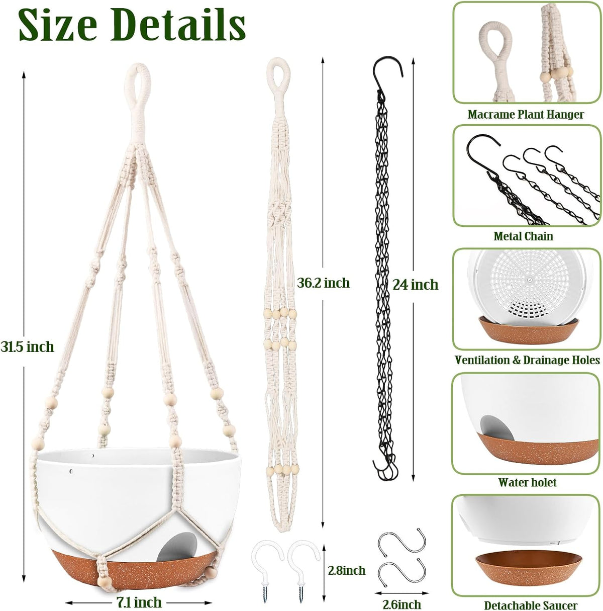 10 Inch Self Watering Hanging Planters with Metal Chain & Macrame Hangers
