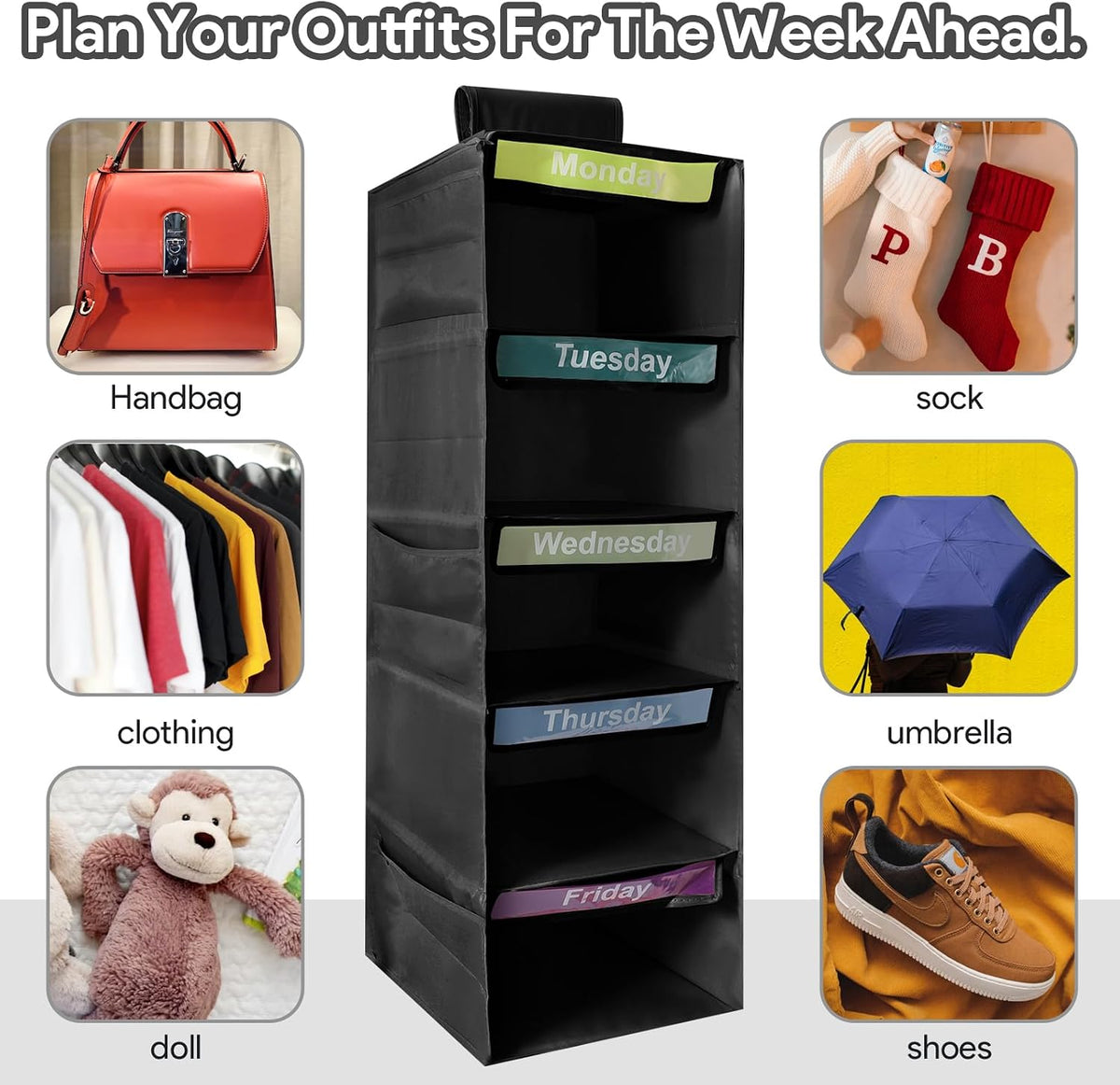 5-Shelf Weekly Clothes Organizer for Kids Days of The Week Storage (Black)