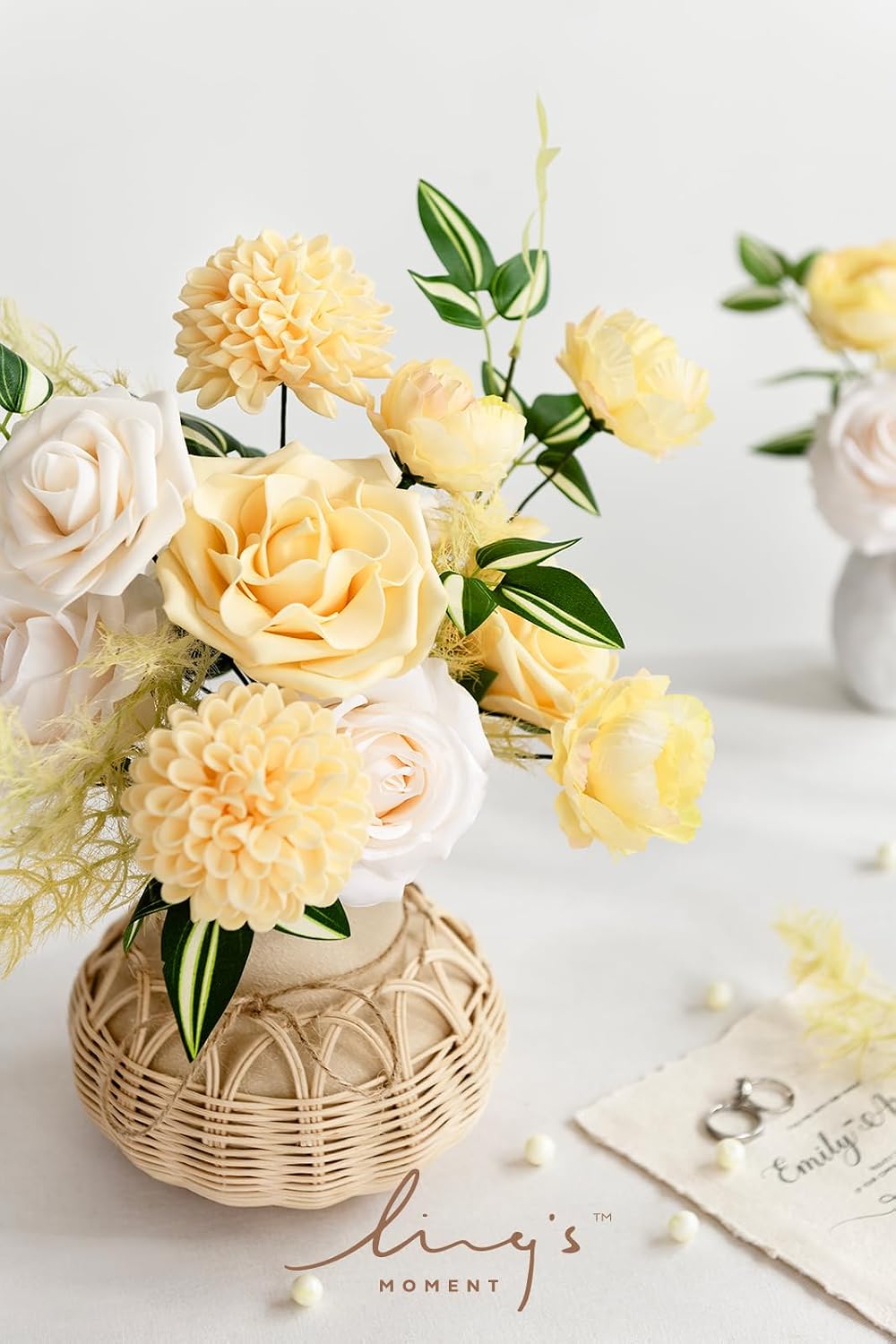 Ling's moment Artificial Flowers Fake Silk Roses Faux Foam Dahlia Yellow