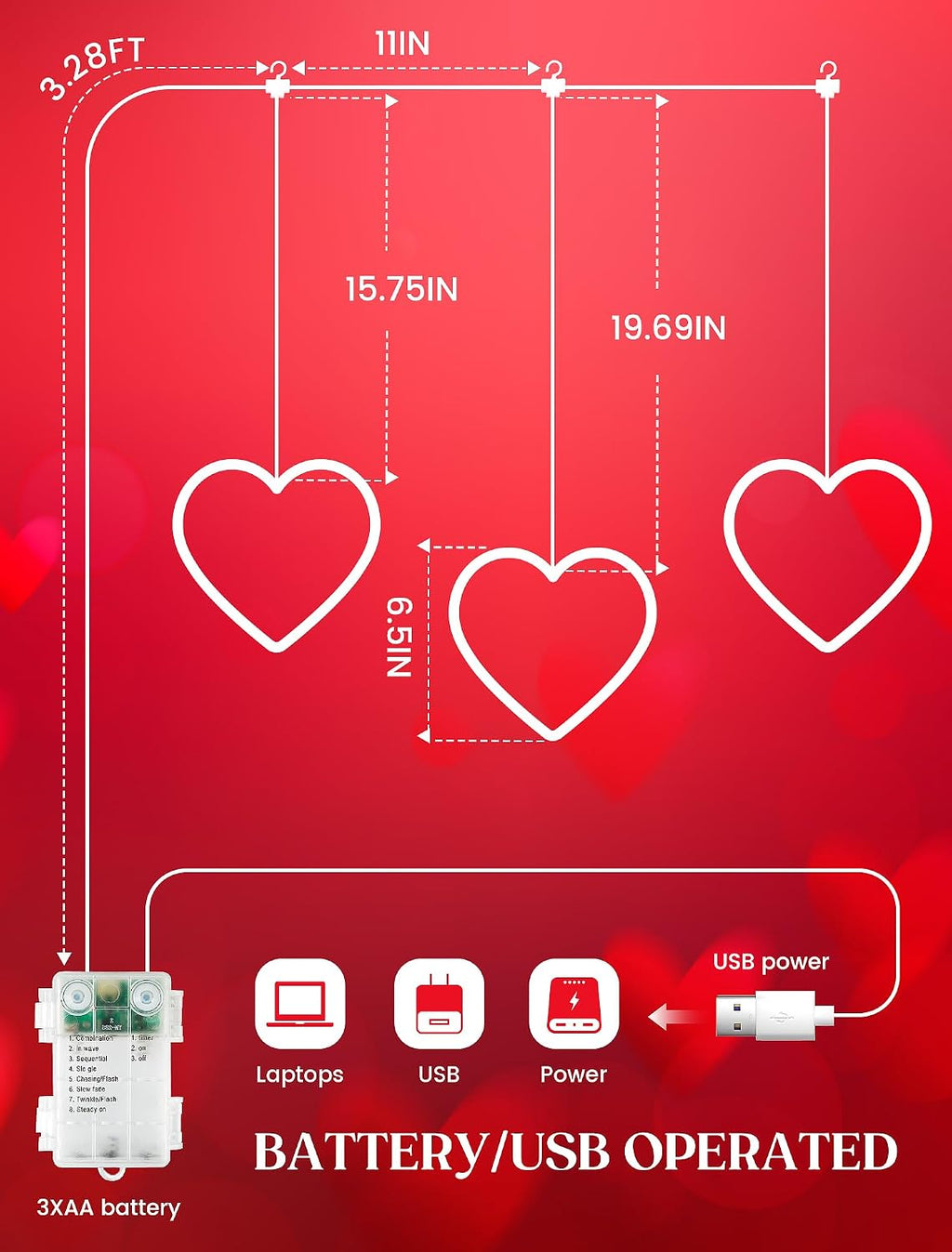 woohaha Heart Valentine's Day Window Lights, 30LED Red