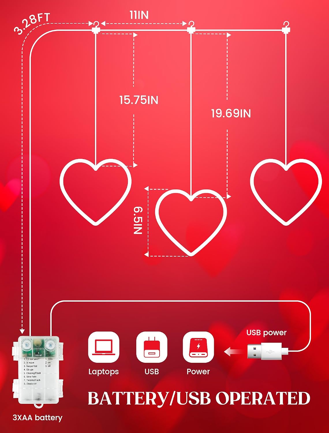 woohaha Heart Valentine's Day Window Lights, 30LED Red