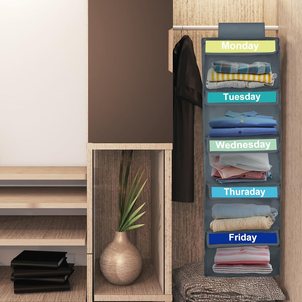 Weekly Clothes Organizer for Kids, Days of The Week Clothes Organizer with 6 Side Pockets, 5-Shelf Hanging Closet Organizer with Monday Through Friday Labels, Weekly Clothing Divider (Dark grey-2Pcs)