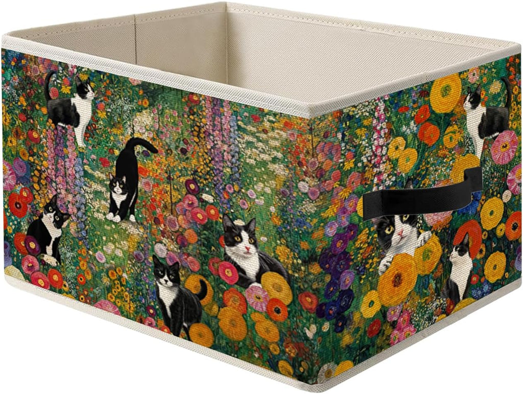 Gustav Klimt Inspired Tuxedo Cat Storage Bin Box with Handles, Colorful Floral Black and White Cat Foldable Organizer Basket Toybox for Home Bedroom Bathroom Clothes Toys Books